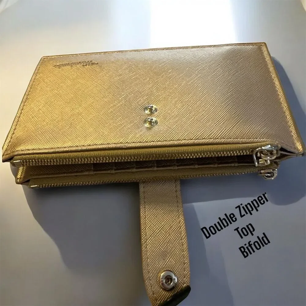 Travelambo Gold RFID Blocking Double Snap and  Zipper Slim Wallet with ID Window
